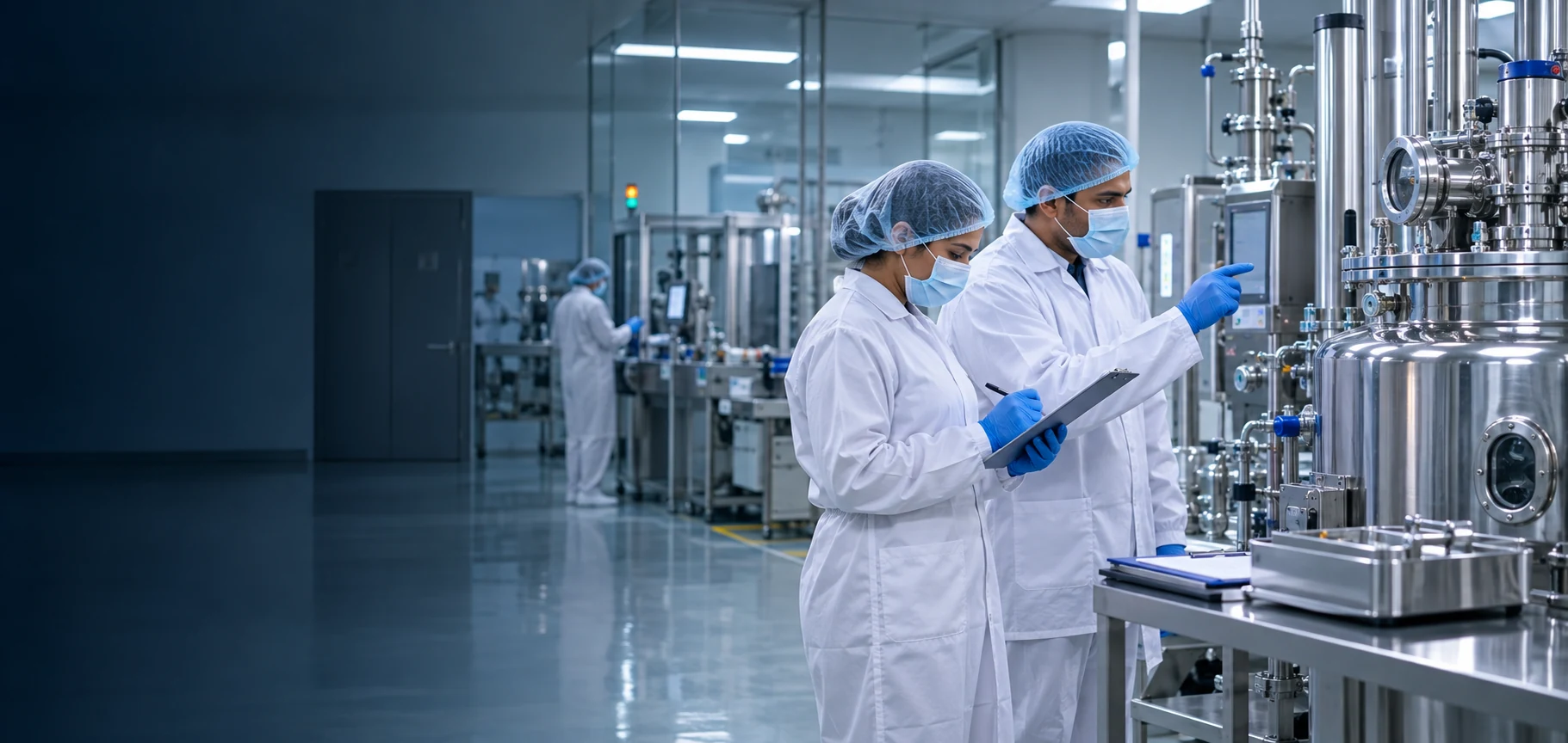 Indian pharmaceutical quality professionals inspecting a modern manufacturing facility
